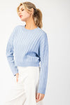 Long Sleeve Ribbed Knit Cropped Sweater Top Blue