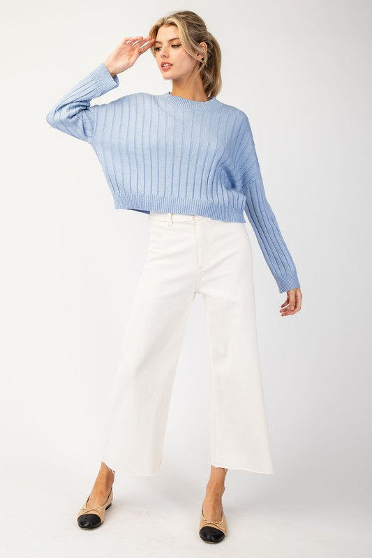 Long Sleeve Ribbed Knit Cropped Sweater Top Blue