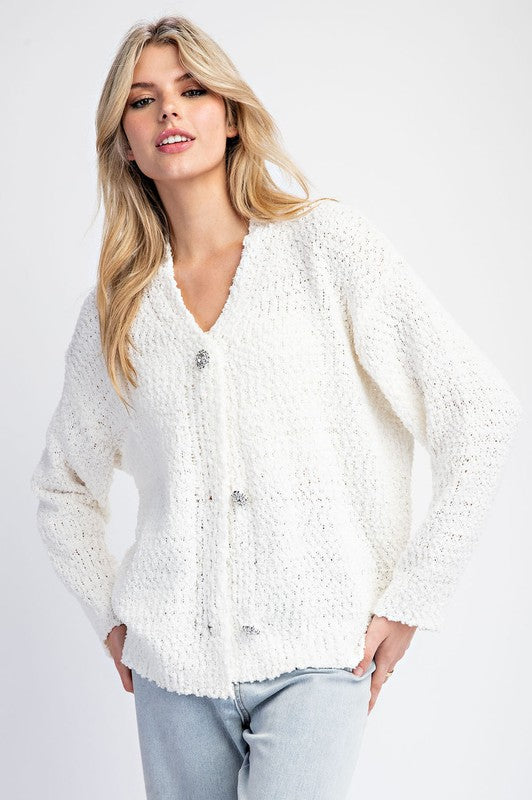 Long Sleeve Accent Button Down Cardigan White