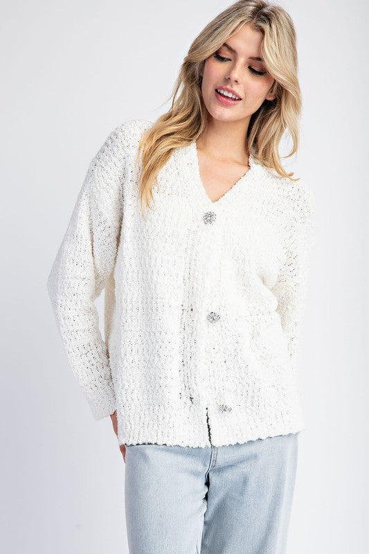 Long Sleeve Accent Button Down Cardigan White