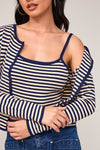  Striped Print Cami And Cardigan Set Navy