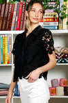 Short Sleeve Button Down Floral Lace Top Black