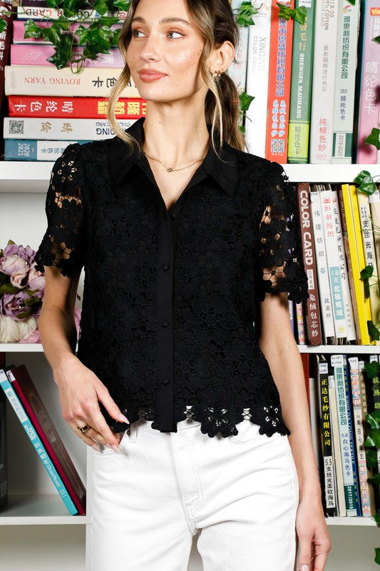 Short Sleeve Button Down Floral Lace Top Black