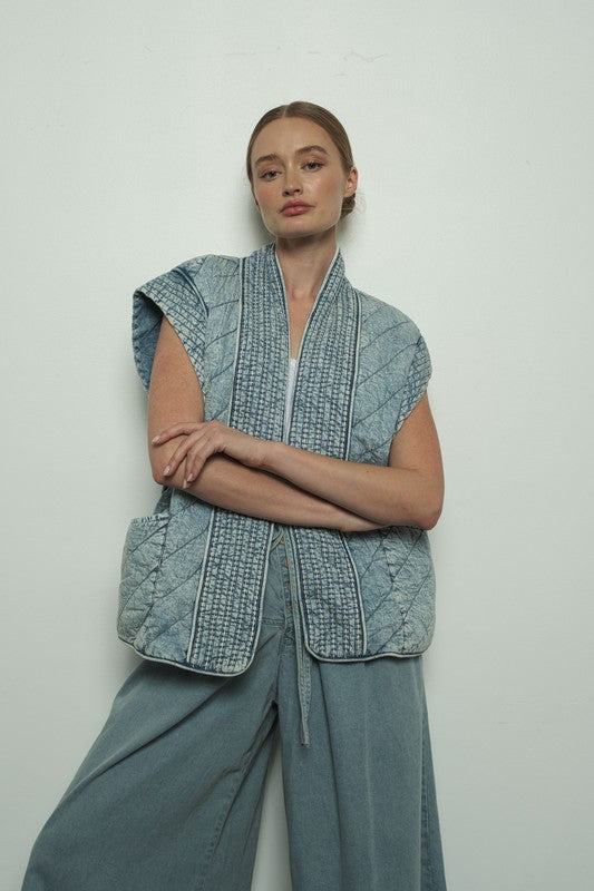 Sleeveless Oversized Open Front Quilted Denim Vest Blue