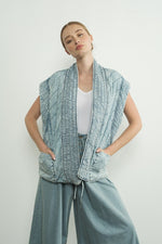 Sleeveless Oversized Open Front Quilted Denim Vest Blue