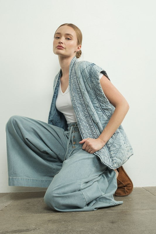 Sleeveless Oversized Open Front Quilted Denim Vest Blue