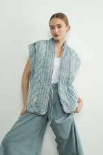 Sleeveless Oversized Open Front Quilted Denim Vest Blue