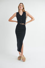 Sleeveless Knit Sweater Vest Top And Midi Skirt Set Black