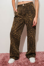  Mid Rise Leopard Print Denim Pants Brown