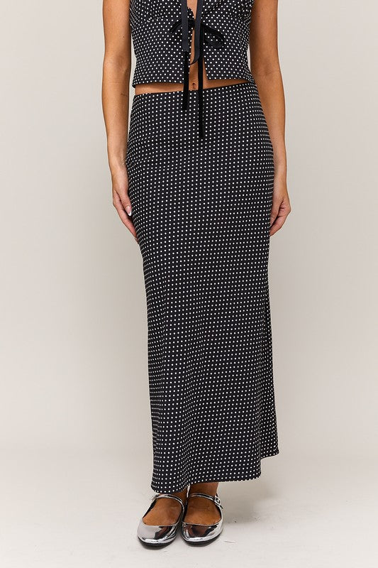 Polta Dot Print Bow Tie Top And Midi Skirt Set Black