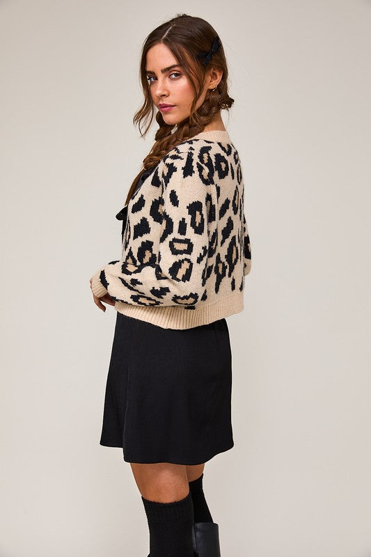 Waitlist 1/4 ♥ Erin Long Sleeve Bow Tie Leopard Print Cardigan Taupe