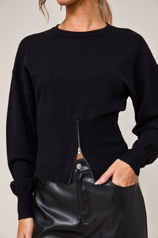 Steph Long Sleeve Front Zipper Sweater Top Black