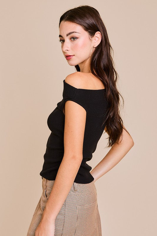 Sleeveless Asymmetrical Neckline Top Black