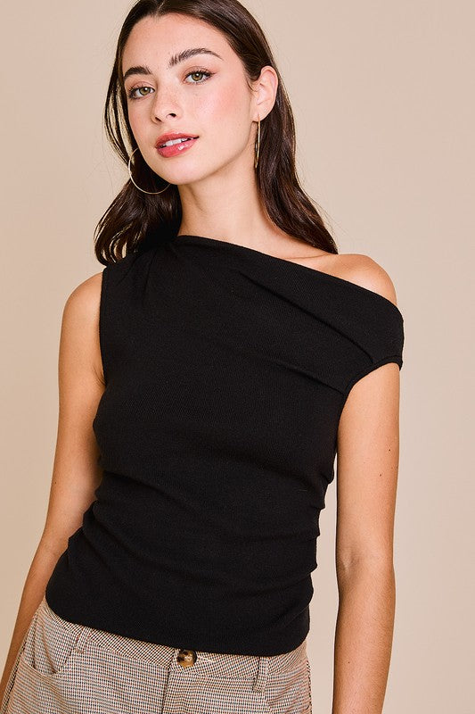 Sleeveless Asymmetrical Neckline Top Black