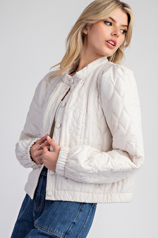 Long Sleeve Button Down Quilted Jacket Ivory          