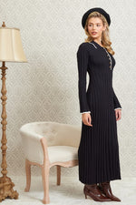 Anastasia Long Sleeve Contrast Ribbed Maxi Dress Black