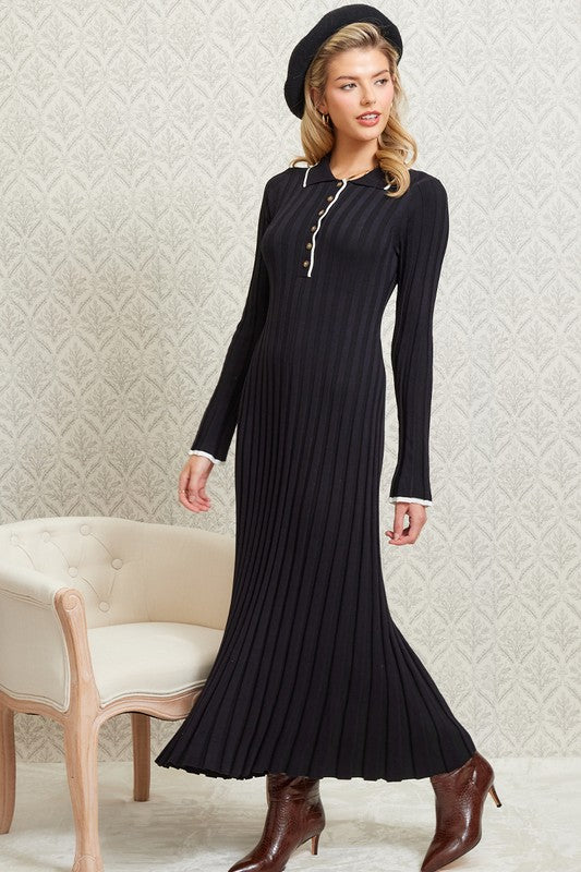 Long Sleeve Contrast Ribbed Maxi Dress Black