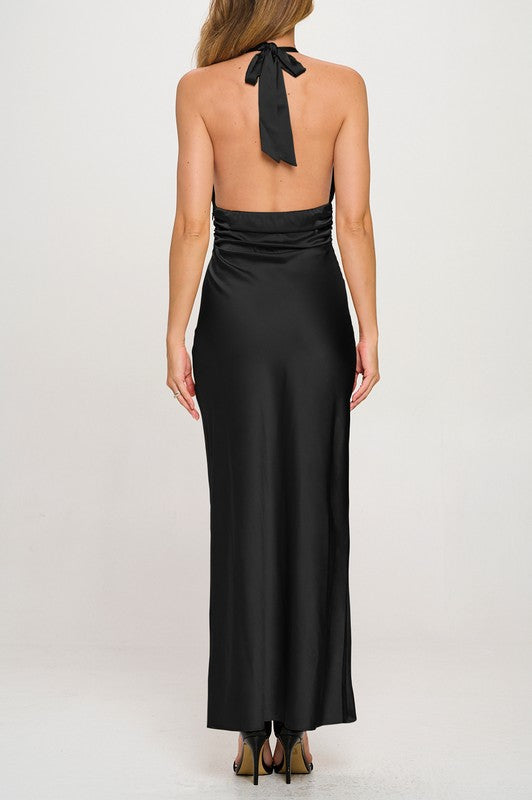 Sleeveless Deep Neck Halter Satin Maxi Dress Black