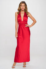 Sleeveless Deep Neck Halter Satin Maxi Dress Red