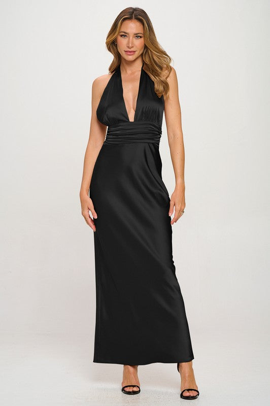 Sleeveless Deep Neck Halter Satin Maxi Dress Black