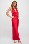 Sleeveless Deep Neck Halter Satin Maxi Dress Red