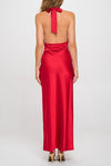 Sleeveless Deep Neck Halter Satin Maxi Dress Red