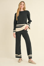  Long Sleeve Stripped Sweater Top And Pants Set Black