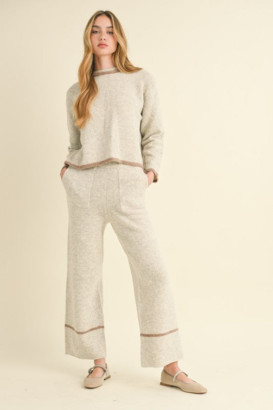 Long Sleeve Open Back Sweater Top And Pants Set Grey