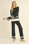  Long Sleeve Stripped Sweater Top And Pants Set Black