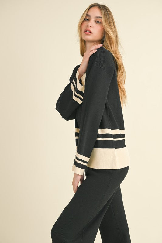  Long Sleeve Stripped Sweater Top And Pants Set Black