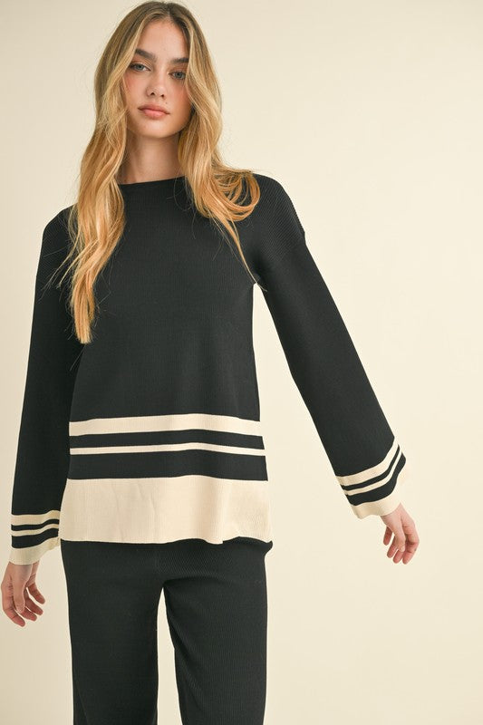  Long Sleeve Stripped Sweater Top And Pants Set Black