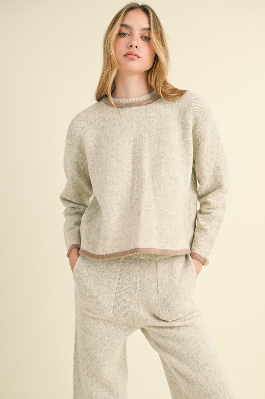 Long Sleeve Open Back Sweater Top And Pants Set Grey