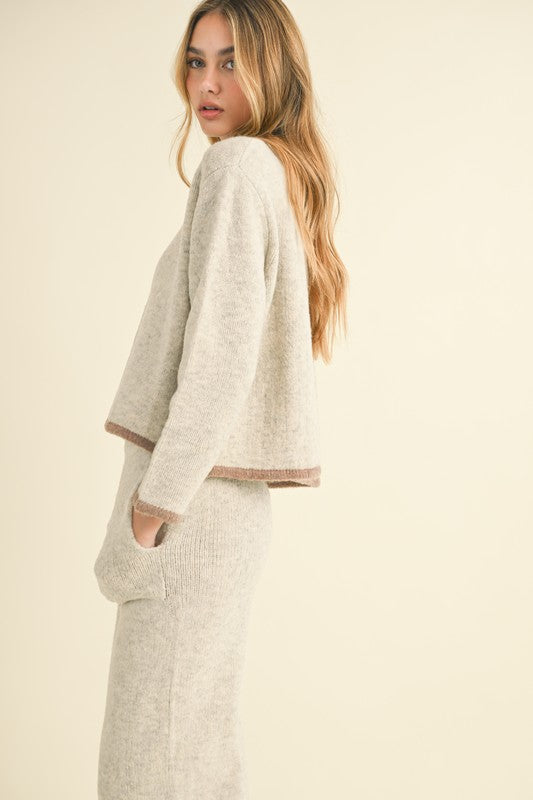 Long Sleeve Open Back Sweater Top And Pants Set Grey