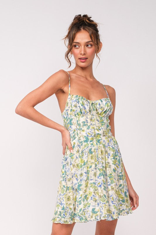  Sleeveless Corset Floral Print Mini Dress Green