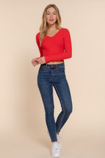 Long Sleeve Ribbed Knit Sweater Top Red