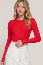 Long Sleeve Crew Neck Ribbed Sweater Top Red