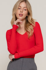 Long Sleeve Ribbed V Neckline Sweater Top Red