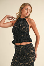  Sleeveless Lace Halter Top And Maxi Skirt Set Black