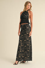  Sleeveless Lace Halter Top And Maxi Skirt Set Black