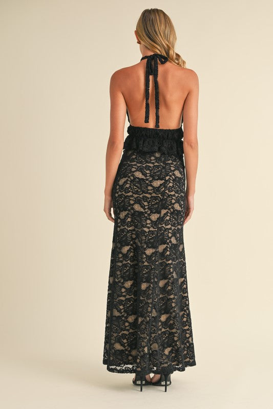  Sleeveless Lace Halter Top And Maxi Skirt Set Black