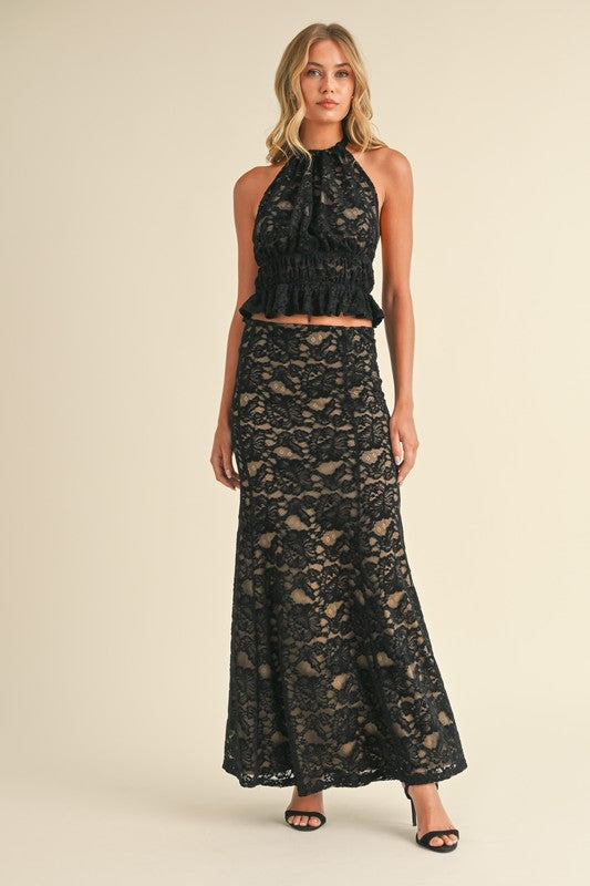  Sleeveless Lace Halter Top And Maxi Skirt Set Black