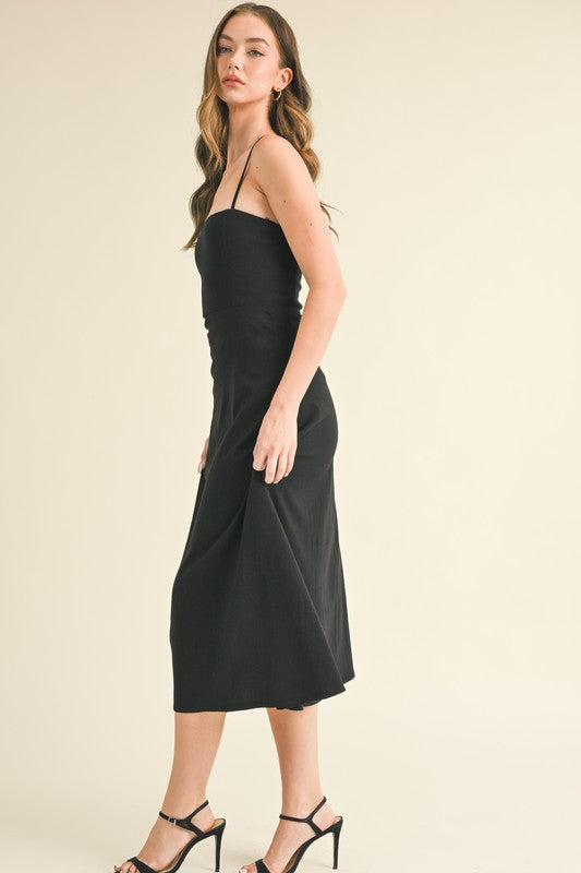  Sleeveless Stretch Linen Midi Dress Black