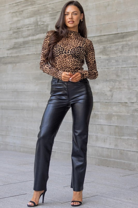 Long Sleeve Leopard Print Mesh Top Brown