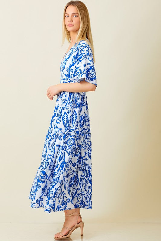 Short Sleeve Floral Print Maxi Dress Blue