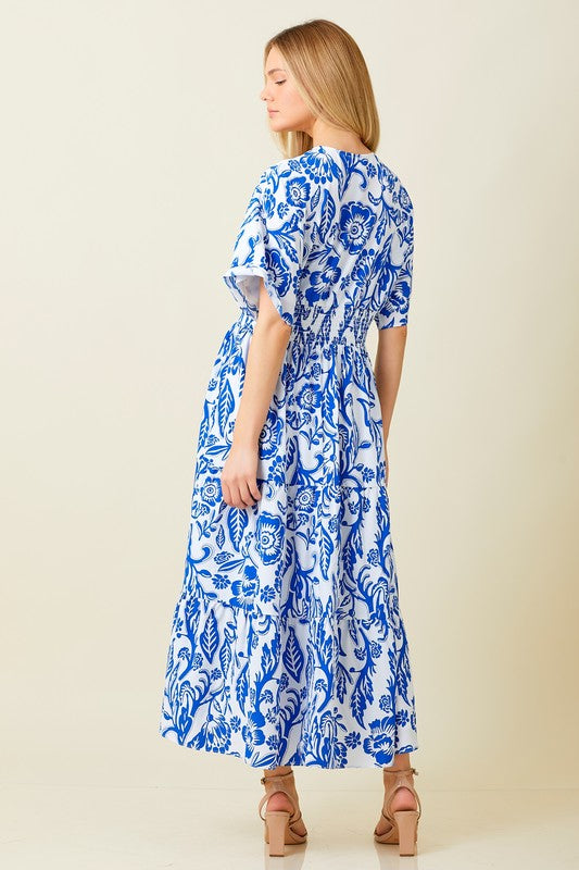 Short Sleeve Floral Print Maxi Dress Blue