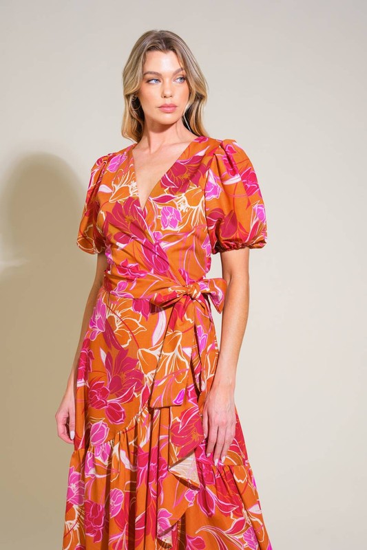 Short Puff Sleeve Floral Print Wrap Maxi Dress Orange