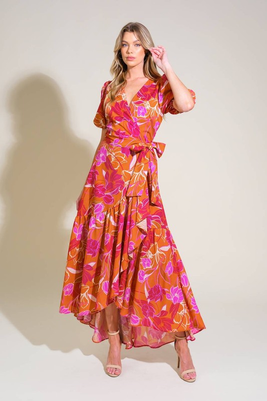 Short Puff Sleeve Floral Print Wrap Maxi Dress Orange