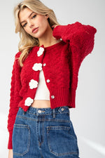 Long Sleeve Flower Accent Knit Cropped Cardigan Red