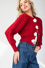 Long Sleeve Flower Accent Knit Cropped Cardigan Red