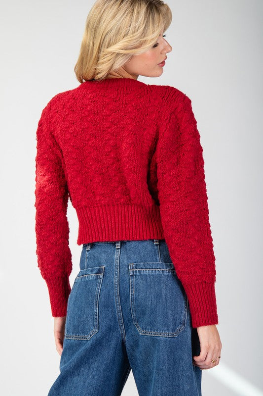 Long Sleeve Flower Accent Knit Cropped Cardigan Red